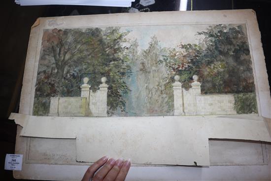 In the manner of Humphry Repton - scale watercolour - Garden and garden wall